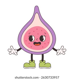 Cute groovy fig fruit. Trendy funky retro cartoon fruit character. Groovy summer collection. Vector illustration in flat style