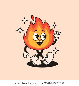 Cute groovy fire character. Flat vector illustration.