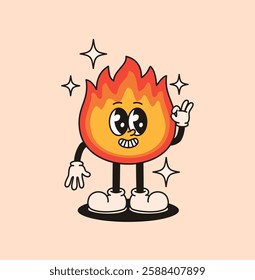 Cute groovy fire character. Flat vector illustration.