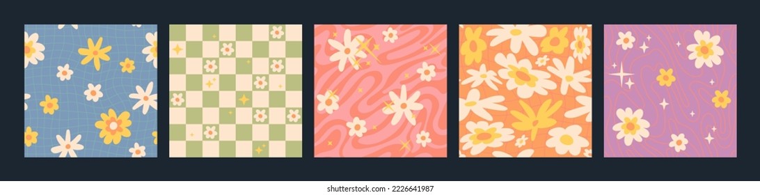 Cute groovy flower seamless patterns with sparkles, hippie psychedelic wave pattern with daisy flowers. Retro checkered background with daisies, funky vintage aesthetic floral textile print vector set