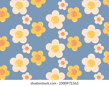 Cute groovy flower seamless patterns Retro background with daisies, funky vintage aesthetic floral textile print vector