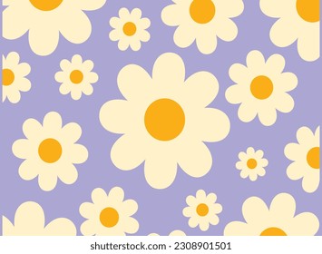 Cute groovy flower seamless patterns Retro background with daisies, funky vintage aesthetic floral textile print vector