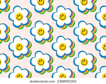 Cute groovy flower seamless patterns Retro background with daisies, funky vintage aesthetic floral textile print vector