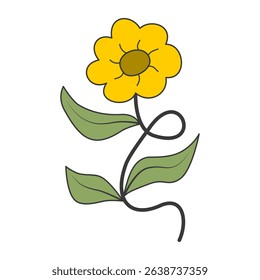 cute groovy flower of sunflower vector illustration with green leaves, hand drawn in retno style perfect for sticker.