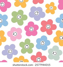 Cute groovy flowers with smiling faces seamless pattern for nursery decor, wallpaper, backgrounds, scrapbooking, stationery, wrapping paper, textile prints, etc. EPS 10