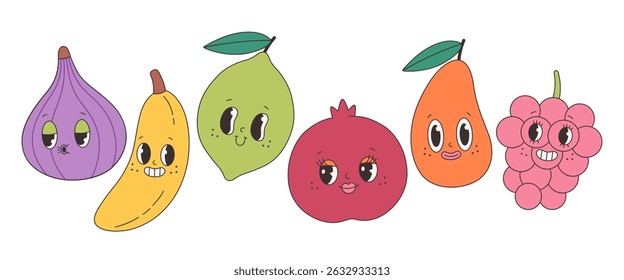 Cute groovy fruit characters. Trendy funky retro cartoon fruits. Groovy summer collection. Vector illustration in flat style