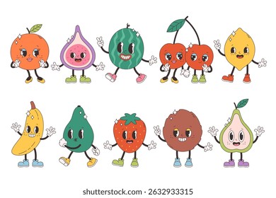 Cute groovy fruit characters. Trendy funky retro cartoon fruits. Groovy summer collection. Vector illustration in flat style