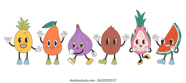 Cute groovy fruit characters. Trendy funky retro cartoon fruits. Groovy summer collection. Vector illustration in flat style