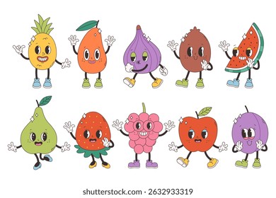 Cute groovy fruit characters. Trendy funky retro cartoon fruits. Groovy summer collection. Vector illustration in flat style