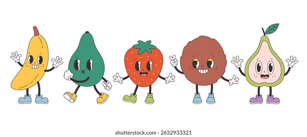 Cute groovy fruit characters. Trendy funky retro cartoon fruits. Groovy summer collection. Vector illustration in flat style