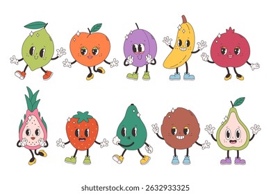 Cute groovy fruit characters. Trendy funky retro cartoon fruits. Groovy summer collection. Vector illustration in flat style