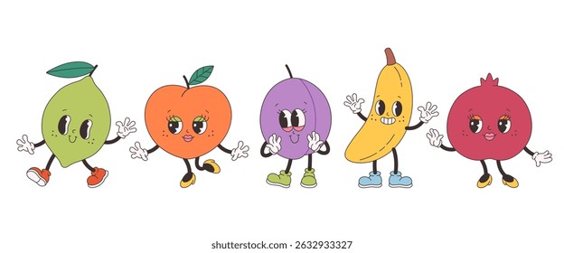 Cute groovy fruit characters. Trendy funky retro cartoon fruits. Groovy summer collection. Vector illustration in flat style
