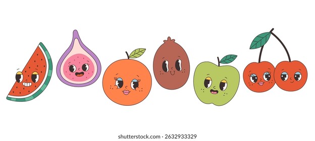 Cute groovy fruit characters. Trendy funky retro cartoon fruits. Groovy summer collection. Vector illustration in flat style