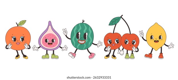 Cute groovy fruit characters. Trendy funky retro cartoon fruits. Groovy summer collection. Vector illustration in flat style