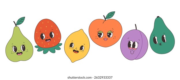 Cute groovy fruit characters. Trendy funky retro cartoon fruits. Groovy summer collection. Vector illustration in flat style