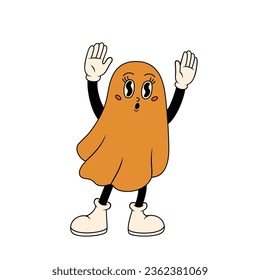 Cute groovy ghost with funny face. Vector illustration in retro style.