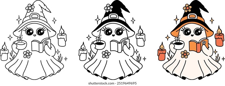 Fantasma groovy bonito segurando café ou xícara de chá e lendo com velas voadoras. Ilustração vetorial.