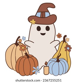 Cute groovy ghost with pumpkin. Retro 70s 60s cartoon character. Cute spooky baby ghost.