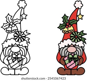 Cute groovy gnome holding Christmas gift box for coloring book, sticker design, t shirt design and so on. Editable stroke thickness. Vector illustration.