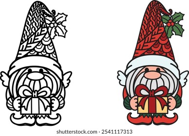 Cute groovy gnome holding Christmas gift box. With ediable stroke thickness.Vector illustration.