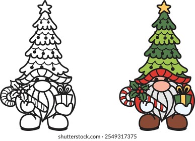 Cute groovy gnome holding Christmas candy cane and gift box wearing christmas tree hat, for coloring book, sticker design, t shirt design and so on. Vector illustration.