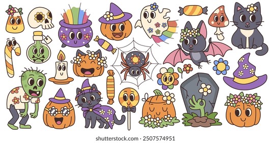 Cute groovy Halloween elements collection. Retro 90 style Halloween pumpkins, cat, bat, zombie, candy, ghost and other stickers set. White background