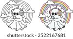 Cute groovy halloween ghost listening to music on the phone with rainbow, clouds, stars and music notes for coloring page or design element. Vector illustration.