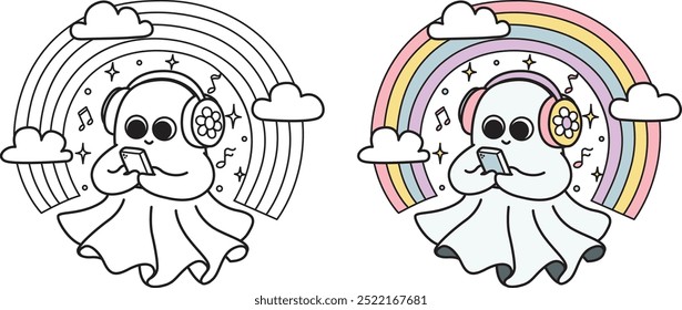 Cute groovy halloween ghost listening to music on the phone with rainbow, clouds, stars and music notes for coloring page or design element. Vector illustration.