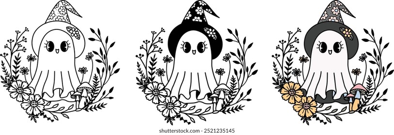 Cute groovy halloween ghost wearing floral witch hat in flowers round frame for coloring page, t shirt desgin and so on. Vecter illustration.