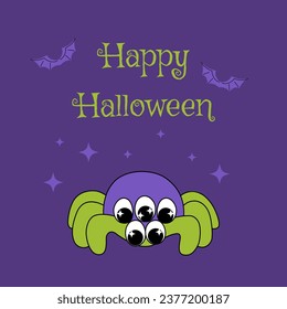 Cute groovy hand drawn spider character, spooky monster. Happy halloween illustration, poster, banner, postcard, design print. Vector