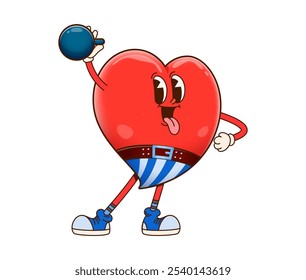 Personagem de coração groovy bonito levantando um barbell. Isolado vetor de desenho animado vermelho forte coração saudável desportista personagem com um grande sorriso e braços flexivos, levanta um peso pesado, mostrando o amor pelos esportes