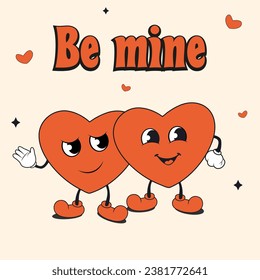 Cute groovy hearts couple. Valentine's Day retro style greeting card 