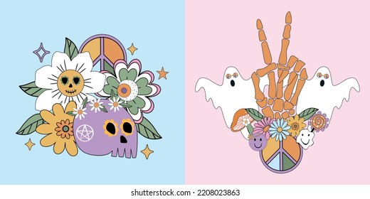 Cute groovy hippie halloween graphic composition in pastel colors. 60s 70s boho skull flowers ghost print for T-shirt, mug, card design.