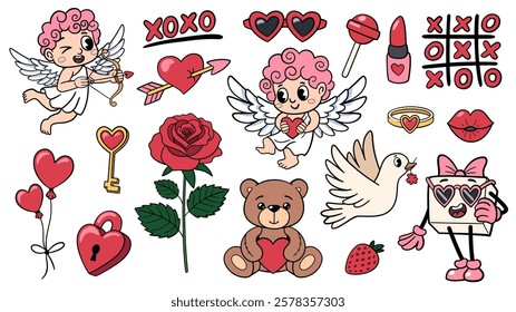 Cute groovy hippie set valentine day elements. Cartoon cupids, gift character, teddy bear, dove and heart elements in 70s-90s style. Retro cartoon love elements collection on white background. 