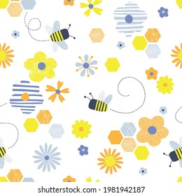 Cute groovy honeybee vector seamless pattern. Naive floral honeycomb bee illustration. Decorative Scandinavian modern childish summer print design.