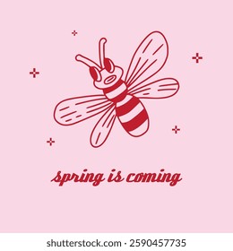 Cute groovy illustration with flying bee. Funny insect and "Spring is here" text. Quirky linear outline character. Playful cheerful design. Cute hippie retro poster, print, card. Hand drawn vector