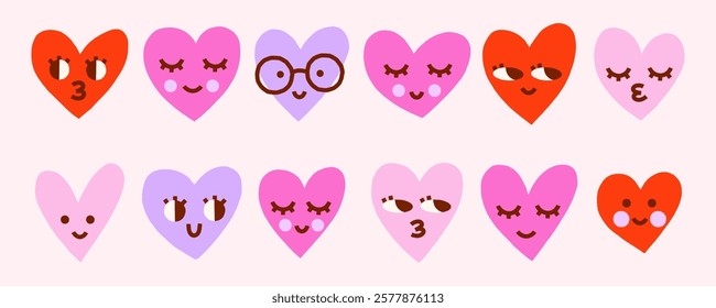 Cute groovy isolated heart characters vector illustrations set. Hand drawn funny simple Valentine graphic