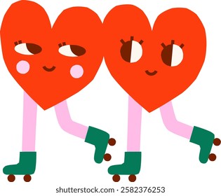 Cute groovy isolated heart characters roller skating together vector illustration. Hand drawn Valentine graphic