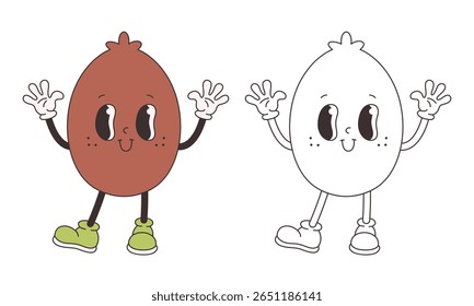 Página de coloração de kiwi bonito groovy. Personagem de fruta de desenho animado funky na moda. Livro de cores de verão Groovy. Ilustração vetorial em estilo plano