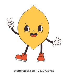 Cute groovy lemon. Trendy funky retro cartoon fruit character. Groovy summer collection. Vector illustration in flat style
