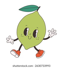 Cute groovy lime. Trendy funky retro cartoon fruit character. Groovy summer collection. Vector illustration in flat style