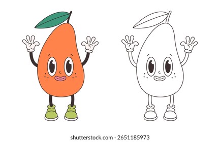 Página de coloração de manga groovy bonito. Personagem de fruta de desenho animado funky na moda. Livro de cores de verão Groovy. Ilustração vetorial em estilo plano