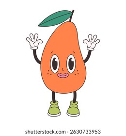 Cute groovy mango. Trendy funky retro cartoon fruit character. Groovy summer collection. Vector illustration in flat style