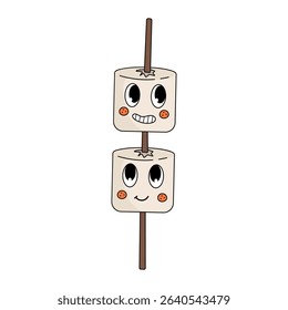 Cute groovy marshmallow skewer characters. Retro sweet snack mascot. Vector isolated