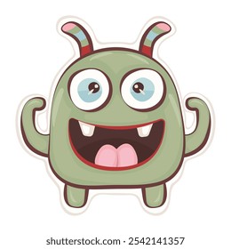 Cute groovy monster sticker, vector green character, hippy and trippy avatar, trendy funky illustration