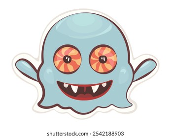 Cute groovy monster sticker, vector blue character, hippy and trippy ghost avatar, trendy funky illustration of a psychedelic brownie