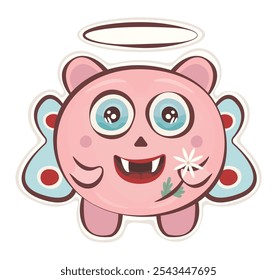 Cute groovy monster sticker, vector pink character, pig with butterfly wings and a halo, hippy and trippy avatar, trendy funky illustration