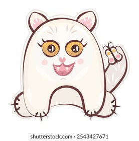 Cute groovy monster sticker, white cat playing with a butterfly, vector character, hippy and trippy avatar, trendy funky illustration