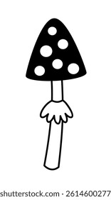 Cute groovy mushroom doodle, isolated cartoon seasonal object. Black and white hand drawn vector illustration in flat style.	
