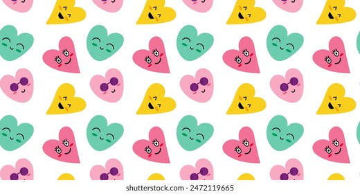 cute groovy naive heart. summer vibe, romantic vibe. vector seamless pattern